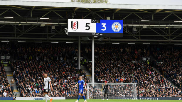 The scoreboard at Craven Cottage pictured in May 2023 during Fulham's 5-3 win over Leicester City